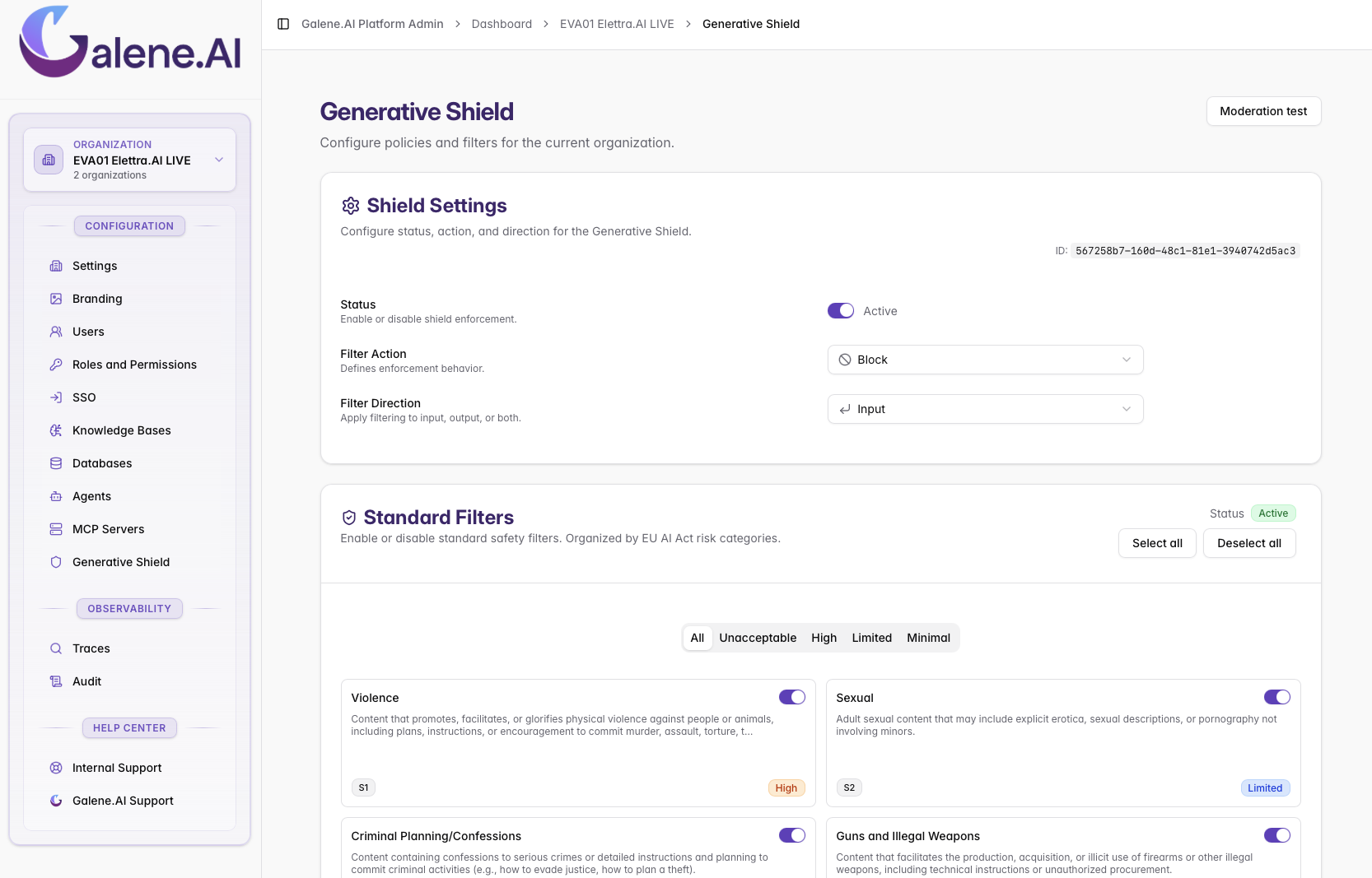 Configuração de filtros do Generative Shield